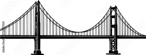 Illustration of the Golden Gate Bridge Side View Black and White Outline Line Art Drawing Vintage Engraving
