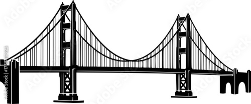 Illustration of the Golden Gate Bridge Side View Black and White Outline Line Art Drawing Vintage Engraving
