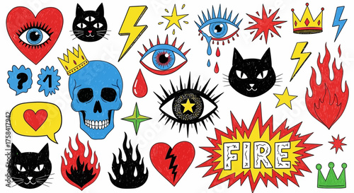Eclectic collection of hand-drawn doodle patch stickers with punk rock symbols like skulls, black cats, and fire