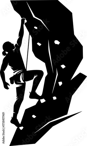 Vigorous Cliff Climber Engaged in Perilous Rock Climbing Sport Black and White Outline Line Art Drawing
