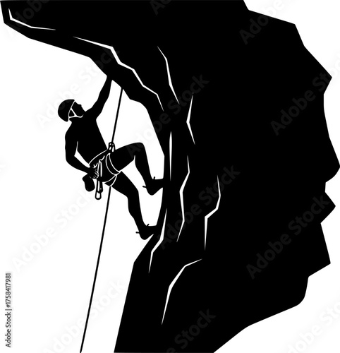 Vigorous Cliff Climber Engaged in Perilous Rock Climbing Sport Black and White Outline Line Art Drawing
