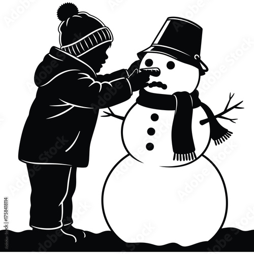 Silhouette of child placing carrot nose on snowman with bucket hat and scarf in winter