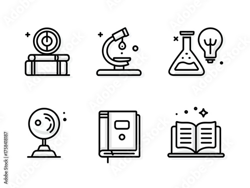 Educational Science Vector Icons Set Modern Minimalist in Black and White for Learning and Research Applications