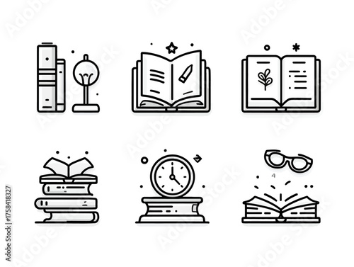 Vector Illustration Set of Educational Books and Reading Accessories in Minimalist Line Style