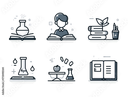 Vector Illustration Set of Educational Science and Learning Icons in Modern Minimalist Style with Monochrome Blue and Gray Colors
