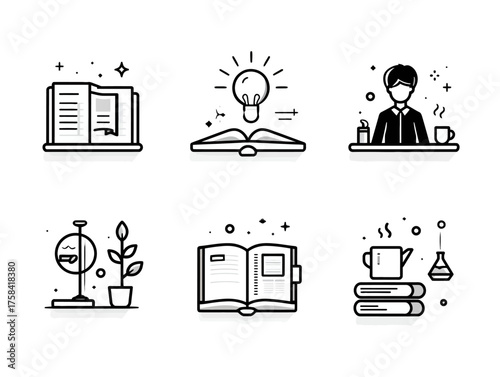Minimalist Vector Icons Set for Education and Science in Monochrome Style