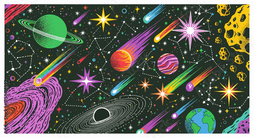 A vibrant and colorful illustration of the cosmos, depicting a fantastical journey through deep space with planets, stars, and shooting comets