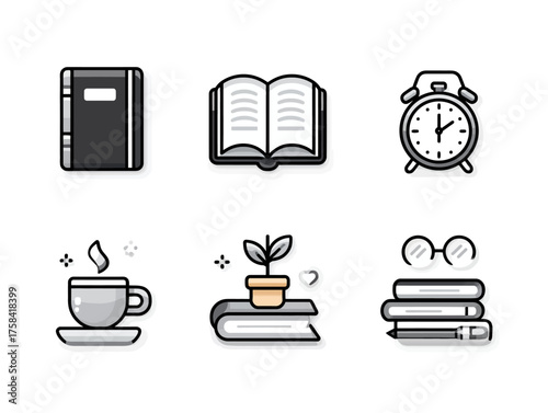 Minimalist Vector Icon Set Featuring Reading Learning and Environment Elements in Modern Flat Style with Neutral Gray and Soft Beige Colors