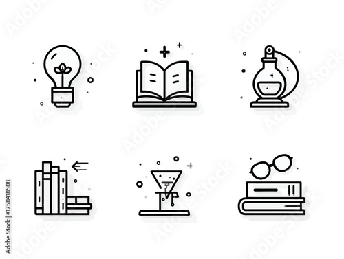 Minimalist Vector Icon Set with Scientific and Educational Elements in Monochrome Style