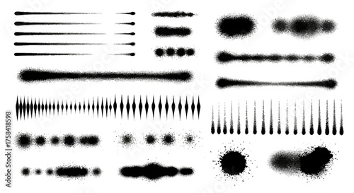 A versatile collection of black spray paint strokes and graffiti elements. Vector grunge lines, splatters, and dots for urban designs