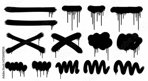 A collection of black graffiti spray paint elements, including drips, lines, and shapes on a white background for urban street art design