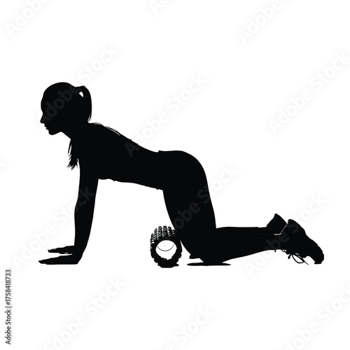 Silhouette of woman using foam roller on leg in fitness workout against white backdrop