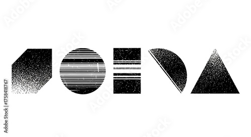 Abstract geometric shapes collection with grainy texture and scanline effect. Minimalist black and white vector design elements set