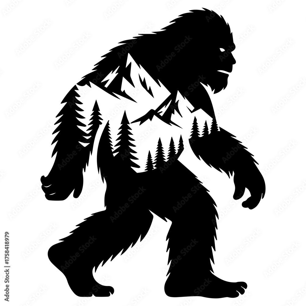 Fototapeta premium Bigfoot Silhouette with Mountain and Forest Inside – Mythical Creature Icon