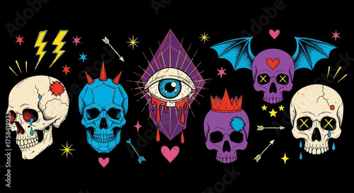 Vibrant collection of mystical skulls and occult symbols with an all-seeing eye, wings, and hearts, designed in a modern tattoo style