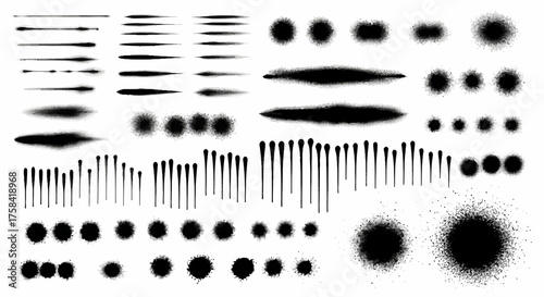 A versatile set of vector spray paint graffiti elements, including aerosol drips, splatters, and abstract stencil lines for urban design projects