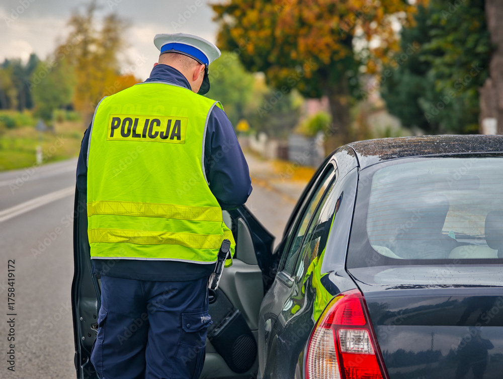 Fototapeta premium Policjant wydziału ruchu drogowego w czasie kontroli drogowej