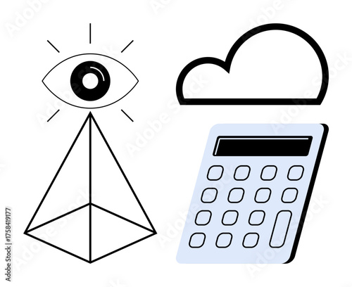 Eye atop pyramid symbolizes insight, cloud represents digital space, calculator highlights analytics. Ideal for innovation, technology, analytics, business, vision creativity strategy. Simple flat