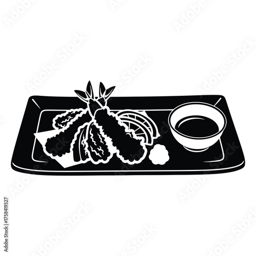 Black and white illustration of tempura shrimp with dipping sauce on a rectangular plate