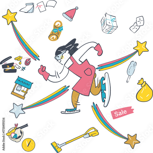 電光石火の年末年始を駆け抜ける主婦　流れ星とともに掃除・買い物・正月準備をこなす女性
