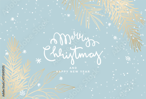 Christmas background. Hand drawn winter greeting card with gold snowflakes and fir branches on a neutral pastel blue background. Abstract trendy vector illustration