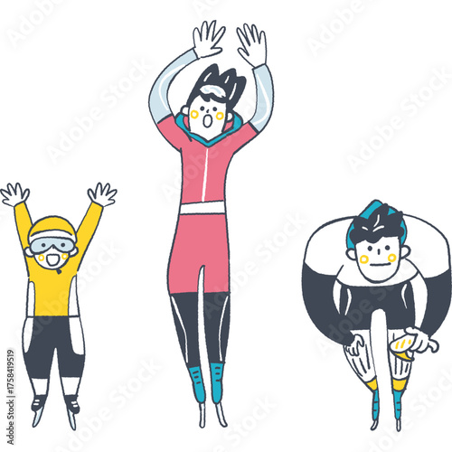 スピードスケートのフォームをとる家族　氷上でポーズを決める親子アスリート
