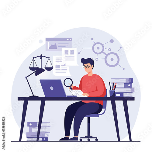 A male journalist researches on a laptop at a desk with legal documents and scales in a modern workspace.