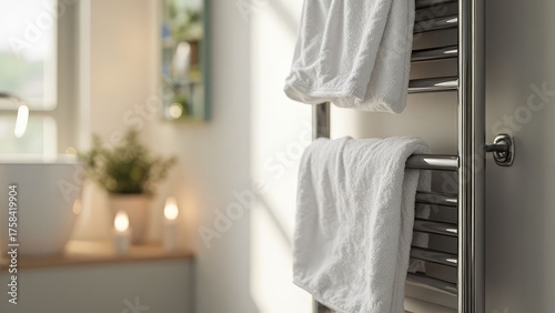 Fresh white towels hanging on a heated towel rail in a modern bathroom.