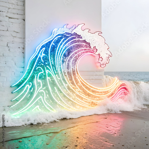 Neon Glowing Wave Splash on White Background Futuristic Water Energy Motion, Abstract Light Effect, and Dynamic Digital Fluid Design