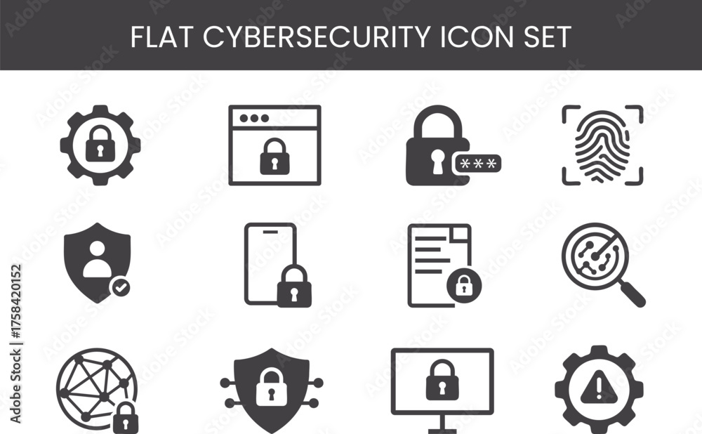 Fototapeta premium Flat cybersecurity icon set. digital data protection, online privacy, secure network, encryption, cloud safety, and user authentication vector symbols in modern flat style
