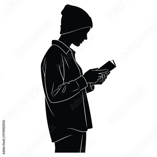 Silhouette of person wearing beanie and shirt reading a book in a white background view
