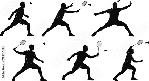 Black silhouette vector set of badminton players in action poses with rackets and shuttlecocks, jumping, lunging, swinging, and competitive gameplay scenes