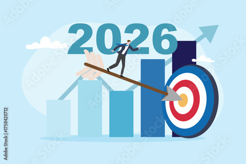 2026 business strategy, annual marketing planning, high vision target, growth success concept. Businessman walking to target for success and start new year beginning vector illustration flat design.