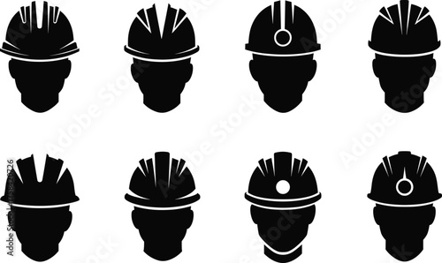 Safety helmet icons, construction worker silhouettes, industrial headgear vector, mining protection symbols, black helmet illustration, PPE equipment graphic, occupational safety design