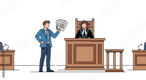 Illustration of a journalist standing in a courtroom holding papers while a judge sits at the bench with a neutral expression.