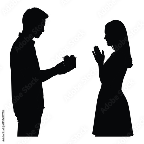 Silhouette of a man offering a gift to a woman with hands clasped in anticipation or prayer
