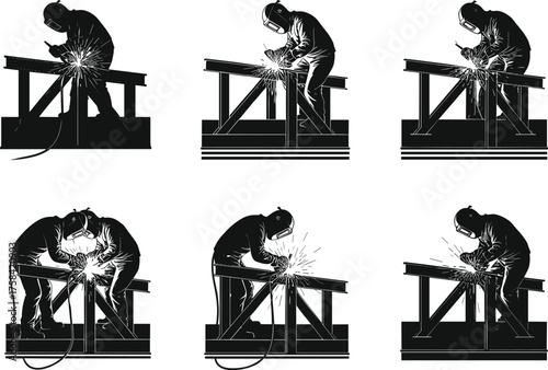 Welding worker silhouette, industrial labor posture, metalwork sparks, protective gear, welder helmet, construction job, fabrication process, safety equipment, vector illustration