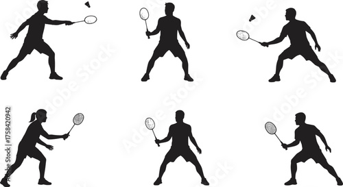 Black silhouette vector set of badminton players in action poses with rackets and shuttlecocks, jumping, lunging, swinging, hitting, and competitive gameplay