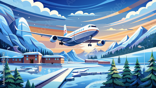 Very beautiful white passenger airplane landing on a snowy runway at Oslo Airport, Norway, surrounded by winter landscapes and snow-covered terrain, capturing the drama and elegance of Arctic aviation