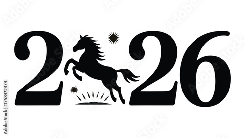Creative “2026” typography with rearing horse silhouette replacing zero, symbolizing strength and motion, ideal for festive and thematic design