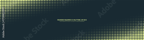 Rounded squares grid halftone pattern faded tilted diagonal border ultra wide 32:9 aspect ratio vector yellow black contrast abstract background. Half tone ultrawide format futuristic tech abstraction