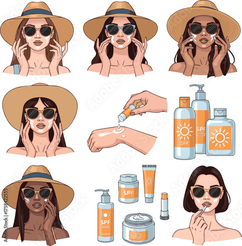  Isolated a kinds of deferent Woman wearing sunglasses and straw hat showing how to apply sunscreen, spf lotion, cream, lip balsam. Sun protection products collection. vector art with white background
