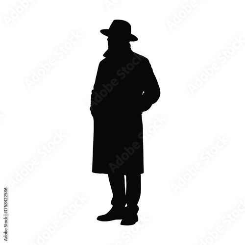 Silhouette of a man in a long coat and hat standing with hands in pockets on white background