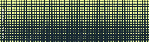 Rounded square particles grid halftone pattern faded texture ultra wide 32:9 aspect ratio vector vibrant yellow black high contrast abstract background. Half tone ultrawide retro styled futuristic bg