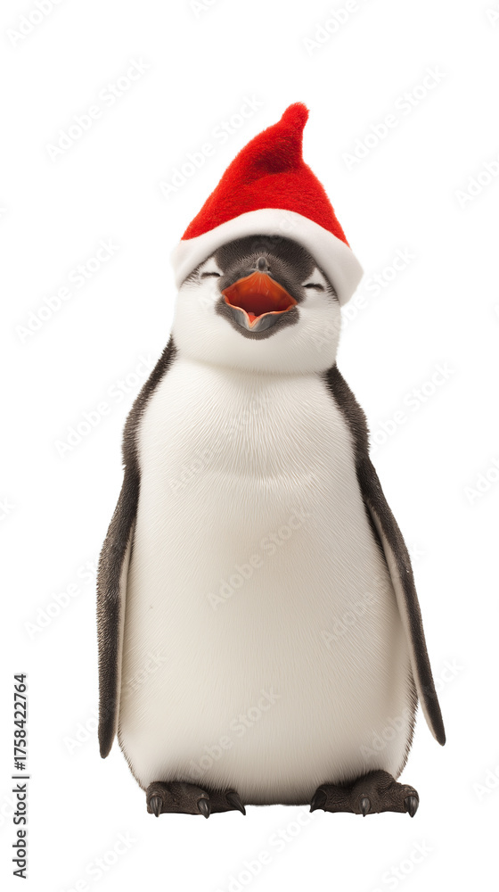 Obraz premium Smiling Penguin Wearing Red Christmas Hat, Sitting Upright, Isolated on Transparent Background, Joyful Holiday Winter Celebration Concept