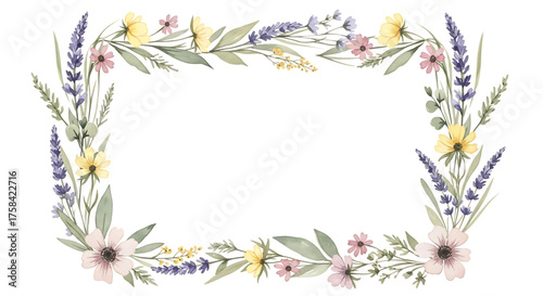 Delicate watercolor floral square frame with lavender and pink blossoms isolated on white background