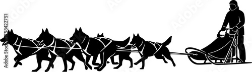 Dog sled silhouette. This image portrays a team of dogs pulling a sled, also referred to as dog mushing or sled racing. Vector clipart black illustration design.