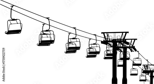 Chair lift silhouette. This image shows a vector clipart illustration design of a chair lift, also known as a ski lift or aerial lift, depicted in silhouette form. Vector clipart illustration design.