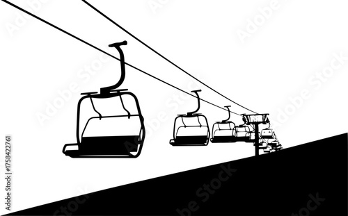 Chair lift silhouette. This image shows a vector clipart illustration design of a chair lift, also known as a ski lift or aerial lift, depicted in silhouette form. Vector clipart illustration design.