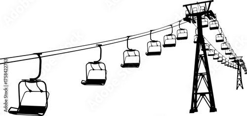Chair lift silhouette. This image shows a vector clipart illustration design of a chair lift, also known as a ski lift or aerial lift, depicted in silhouette form. Vector clipart illustration design.